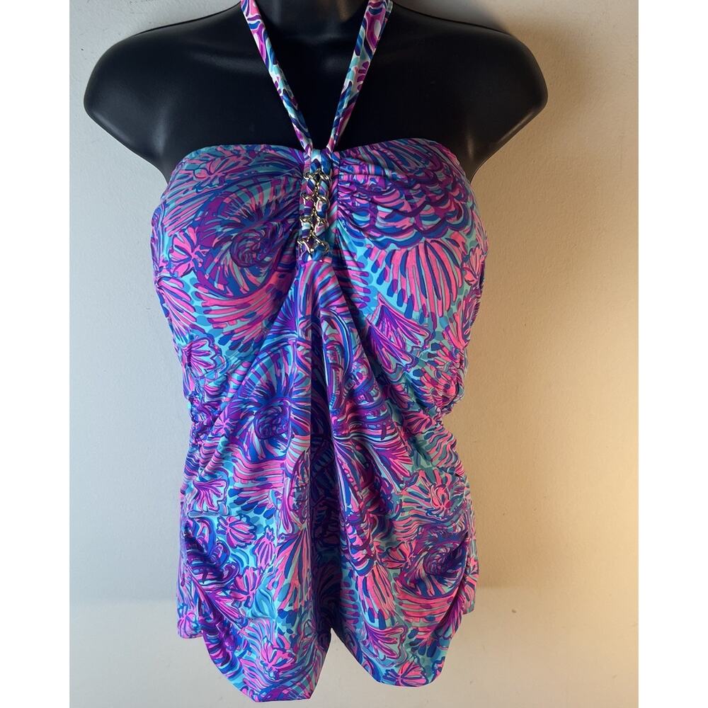 Lilly Pulitzer Albee Halter Strapless Tankini Swim Top Gold Accents Size 16